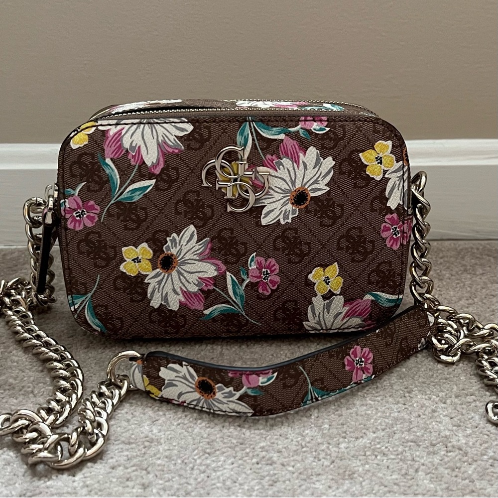 Guess Brown and Pink Crossbody Bag with Floral Design